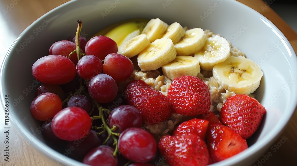Nutritious breakfast bowl featuring oatmeal topped with fresh strawberries, banana slices, and grapes for a healthy start to the day Nutritious breakfast bowl featuring oatmeal topped with fresh strawberries, banana slices, and grapes for a healthy start to the day