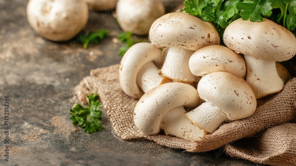 Fresh white mushrooms on burlap with parsley creating an appetizing natural background perfect for culinary and food-related concepts. Fresh white mushrooms on burlap with parsley creating an appetizing natural background perfect for culinary and food-related concepts.