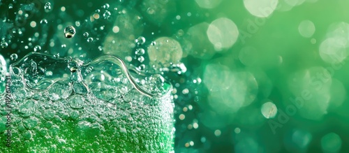 Refreshing soda drink with bubbles on green background ideal for beverage advertising and promotional content with space for text photo