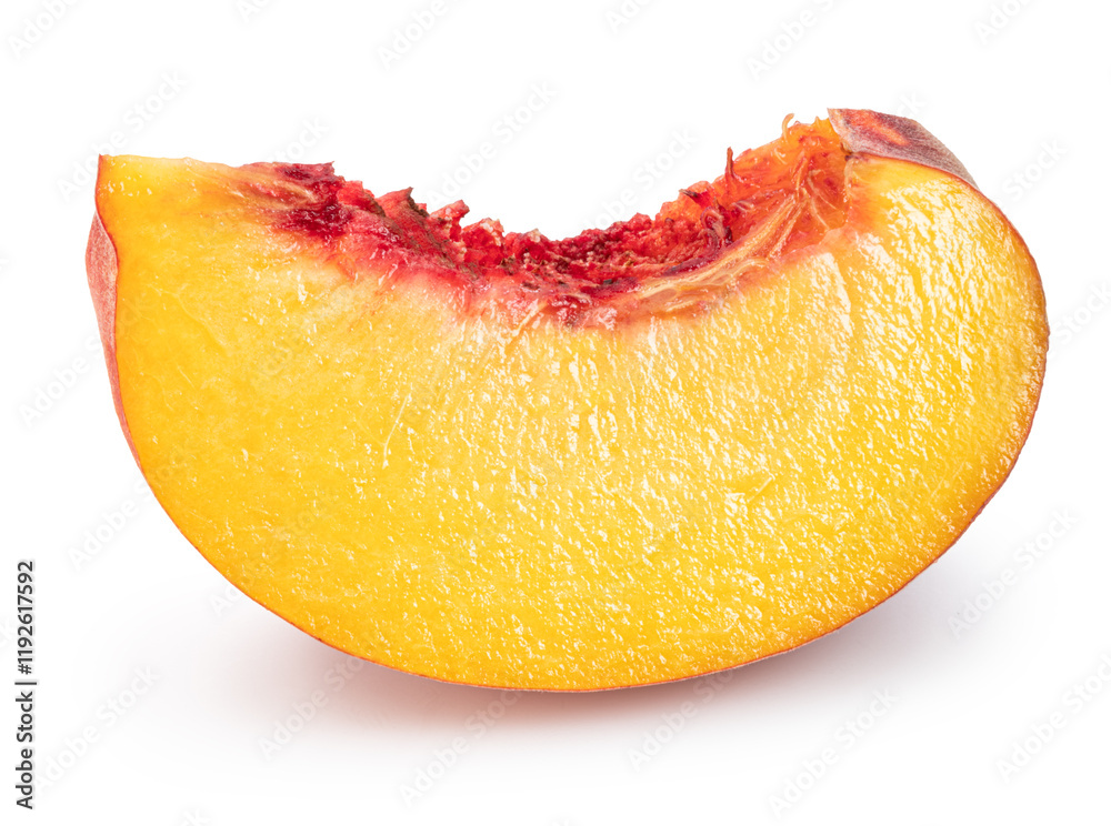Ripe juicy peach slice isolated on white background. File contains clipping path. Ripe juicy peach slice isolated on white background. File contains clipping path.
