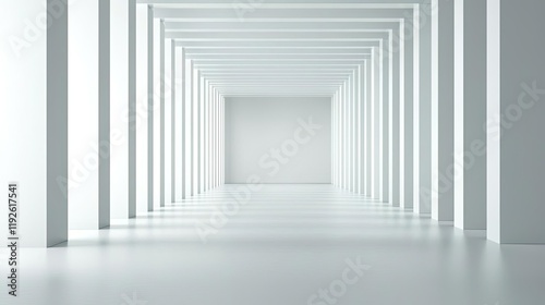 Cloudy abstract background concept. Minimalist interior space with white walls and pillars creating a modern, clean look.