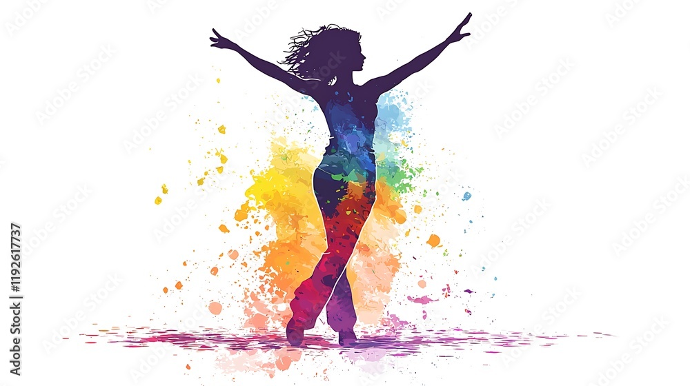 Obraz premium Colorful Silhouette of a Woman Dancing with Watercolor Splashes.
