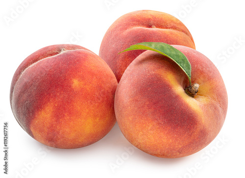 Ripe red peaches with green leaf isolated on white background. File contains clipping path.