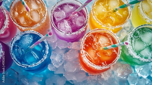 A delicious assortment of vibrant sports mixers in an icefilled cooler photo