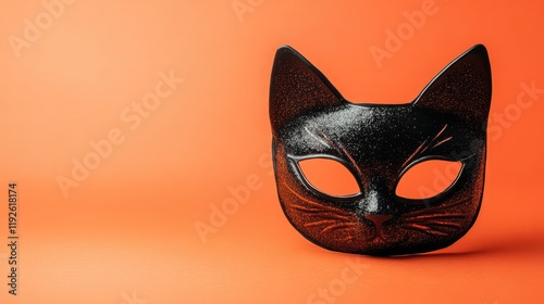 Black Cat Halloween Mask on Orange Background Perfect for Party Invitations and Seasonal Decorations with Space for Custom Text photo