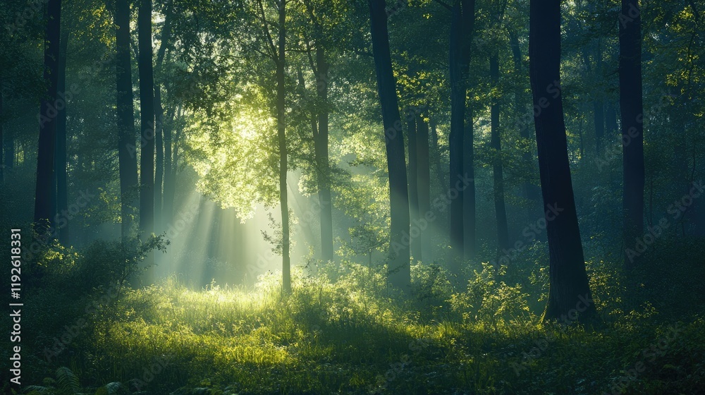 Fototapeta premium Enchanted forest with sunlight filtering through trees creating a serene and mystical atmosphere in nature's tranquility