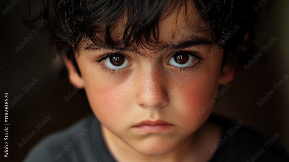 Close up portrait of a contemplative young boy with expressive deep brown eyes and tousled black hair capturing raw emotions Close up portrait of a contemplative young boy with expressive deep brown eyes and tousled black hair capturing raw emotions