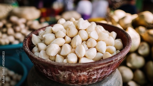 Candlenuts in a bowl showcasing their culinary use and health benefits in a vibrant market setting photo