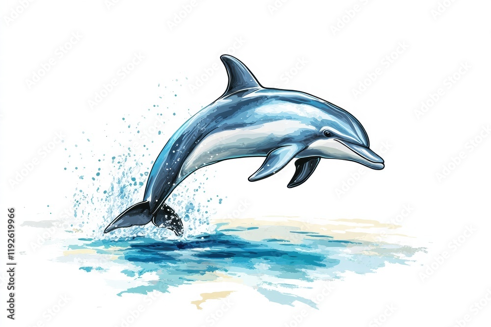 Fototapeta premium Dolphin leaps gracefully over ocean waves in vibrant illustration. Generative AI