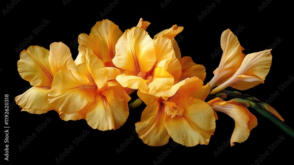 Yellow Humbert Canna Flowers Blooming Elegantly on Black Background Showcasing Vibrant Colors and Delicate Petals in Natural Beauty. Yellow Humbert Canna Flowers Blooming Elegantly on Black Background Showcasing Vibrant Colors and Delicate Petals in Natural Beauty.