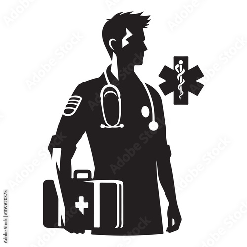 Paramedic Silhouette Vector Illustration, Solid White Background.