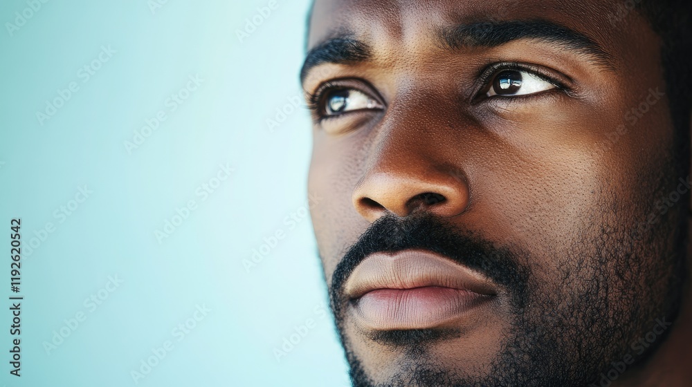 Close up portrait of a thoughtful African American man with a focused expression against a soft pastel backdrop Close up portrait of a thoughtful African American man with a focused expression against a soft pastel backdrop