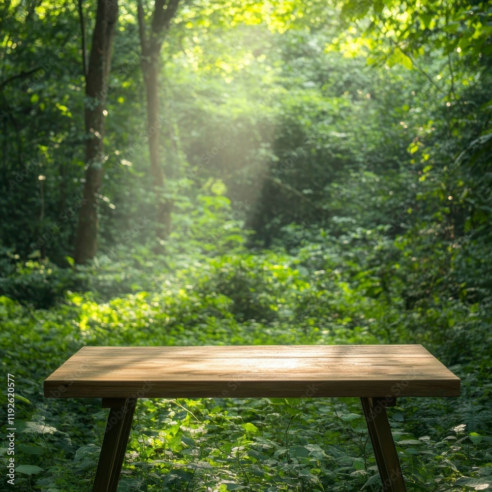 Serene Forest Scene Tranquil Nature Wooden Table Lush Green Environment Natural Light Peace and Calm Serene Forest Scene Tranquil Nature Wooden Table Lush Green Environment Natural Light Peace and Calm