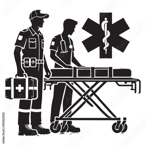 Paramedic Silhouette Vector Illustration, Solid White Background.