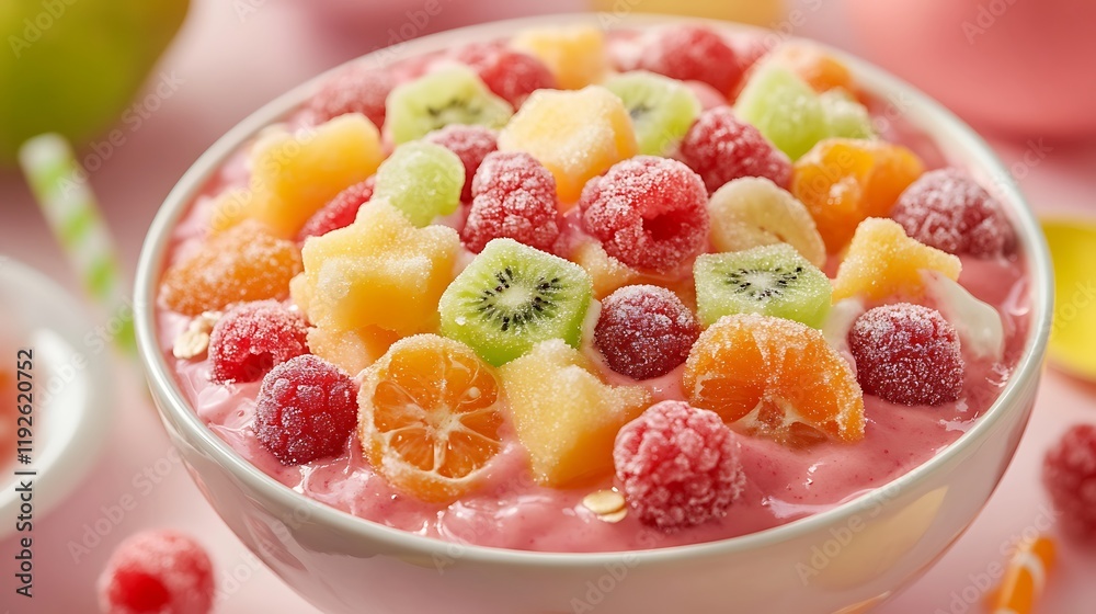 A fruity smoothie bowl topped with candycovered fruit A fruity smoothie bowl topped with candycovered fruit