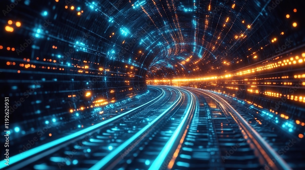 Futuristic digital tunnel with glowing LED lights and train tracks, representing the next wave of AI technology for industrial innovation.