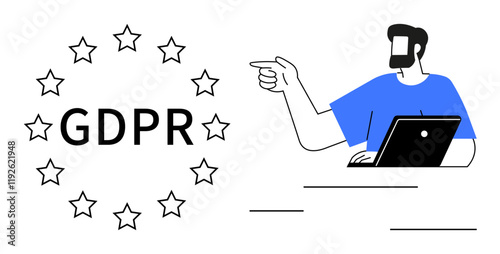 Man in blue shirt pointing towards GDPR text encircled by stars, black laptop on desk. Ideal for data privacy, EU regulations, information security, compliance, legal matters, digital safety, risk