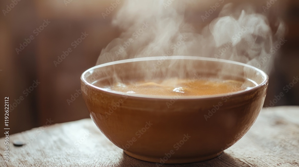 Steaming bowl of chicken broth on wooden table in cozy natural setting with soft focus background Steaming bowl of chicken broth on wooden table in cozy natural setting with soft focus background