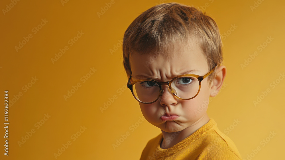 Little boy with broken glasses showing serious expression against yellow background, capturing moment of frustration and determination