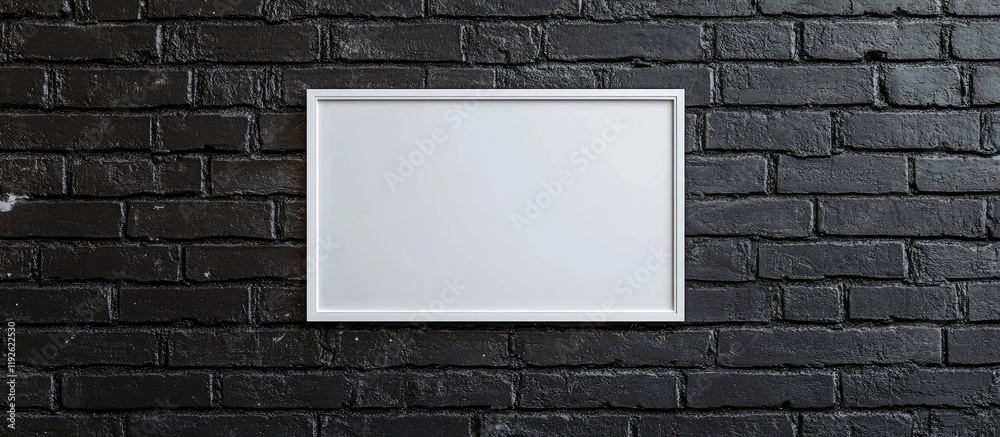 Banner mockup with white frame on black brick wall showcasing empty space ideal for promotional text or artistic display