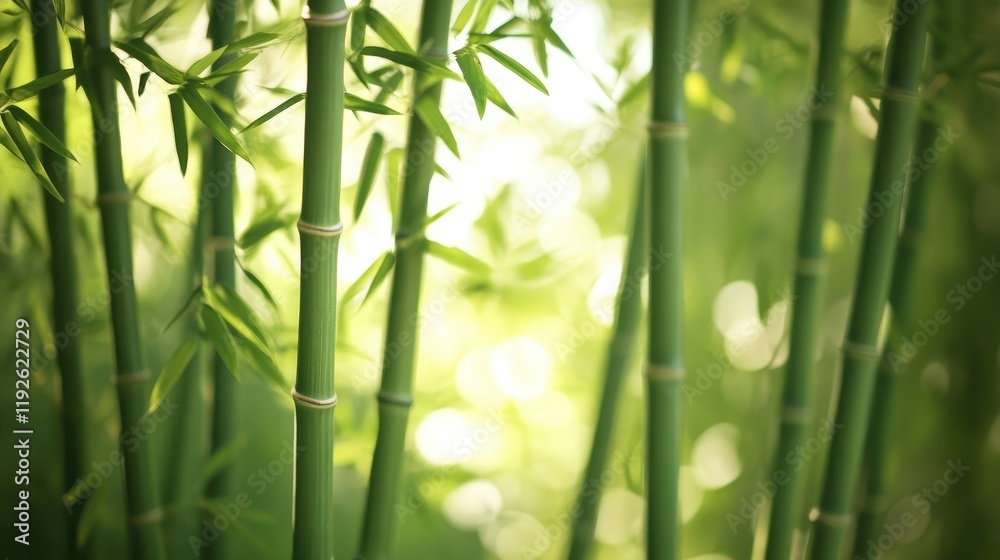 Fototapeta premium Lush green bamboo forest with soft natural light creating a serene garden atmosphere perfect for tranquility and nature-themed designs