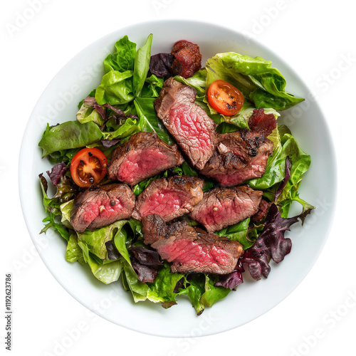 Steak salad isolated on a white background.