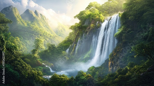Majestic Waterfall Cascading Through Lush Green Forest with Mountains in Background and Soft Mist Rising in Dreamy Natural Landscape