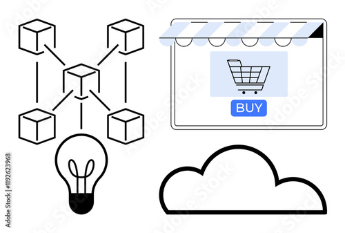 Blockchain network connecting cubes, shopping cart window with buy button, cloud icon, and lightbulb. Ideal for digital transactions, online shopping, technology integration, innovation, e-commerce