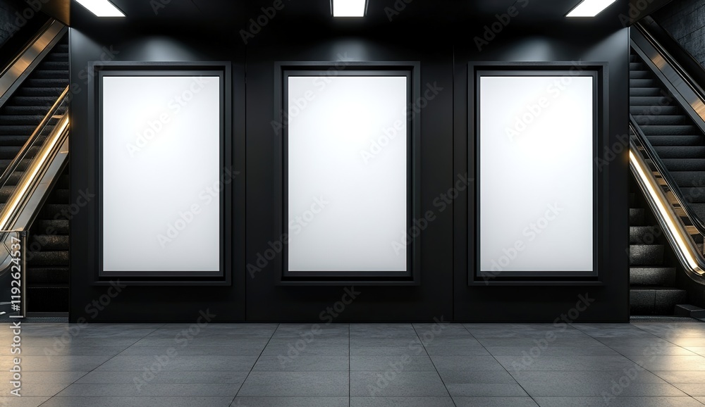 Three blank vertical posters on the wall of an underground station, with an escalator to one side and a staircase leading up in front of them. Three blank vertical posters on the wall of an underground station, with an escalator to one side and a staircase leading up in front of them.