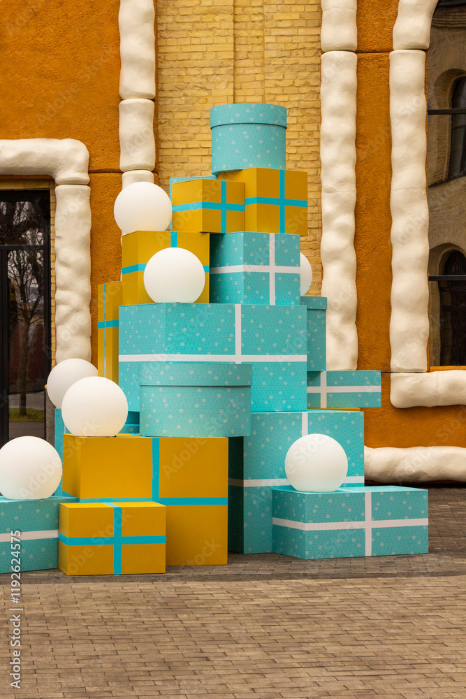 Gift boxes near the building. White balls on the boxes. Christmas composition