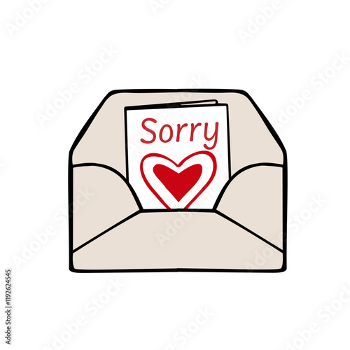 colorful doodle illustration of an envelope with "Sorry" written inside, designed as an apology card. Perfect for social media, stickers, and postcards.