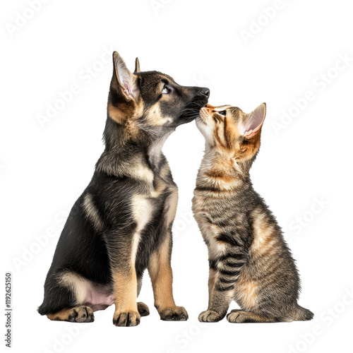 Wallpaper Mural Cute puppy and kitten share a tender moment together indoors isolated on white Torontodigital.ca