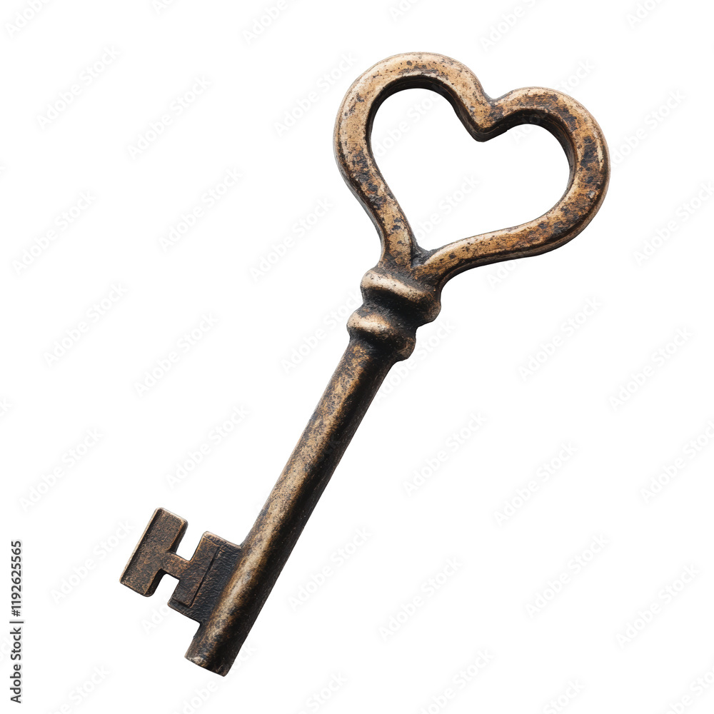 Heart-shaped key resting on a flat surface with a vintage look isolated on white Heart-shaped key resting on a flat surface with a vintage look isolated on white