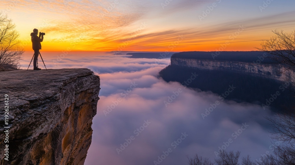 Fototapeta premium Photographer silhouetted on clifftop, capturing sunrise over misty canyon.