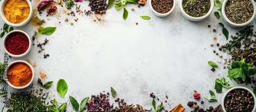 Fototapeta Naklejka Na Ścianę i Meble -  Banner featuring a variety of gourmet spices herbs and teas arranged beautifully with ample empty space for custom text or branding