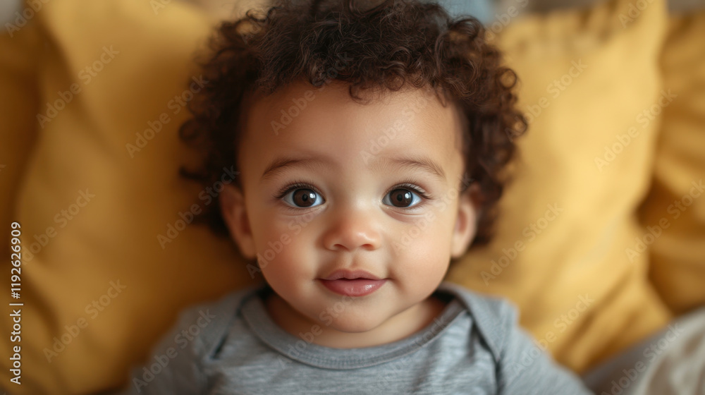 joyful toddler with curly hair smiles warmly, surrounded by soft pillows. This adorable child captures essence of innocence and happiness joyful toddler with curly hair smiles warmly, surrounded by soft pillows. This adorable child captures essence of innocence and happiness