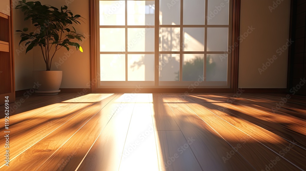 Obraz premium A spacious interior with a wooden floor and sunlight filtering through a window, casting natural light on the wall.