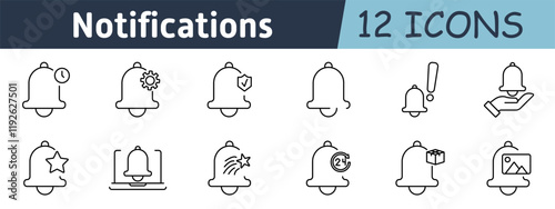 Notifications set icon. Timed alert, settings, verified alert, mini bell, exclamation, hand offer, favorite, app notification, star shooting, 24 7 service, package alert, media updates