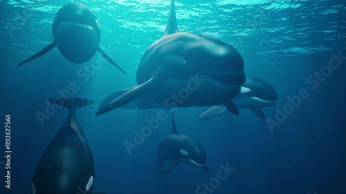 A group of orca whales swim underwater