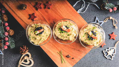 Obraz na płótnie Verrine avocado shrimp pink fresh cheese guacamole chives cream lumpfish roe - decorated for Christmas w salonie