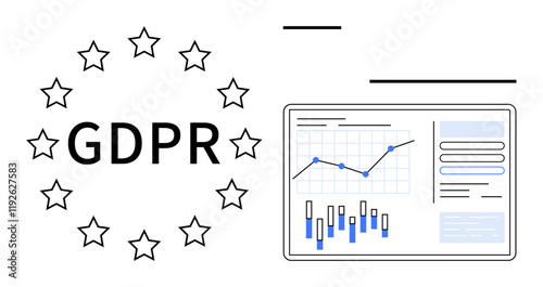 GDPR text inside star circle beside data charts on a digital screen. Ideal for privacy policies, data compliance, EU regulations, data security presentations, digital governance, legal analytics