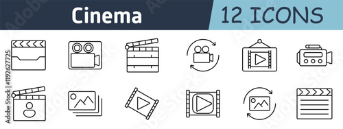 Cinema set icon. Clapperboard, video camera, film reel, movie reload, frame display, video recorder, actor slate, image gallery, video player, frame loop, image rotation, movie script