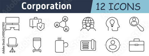 Corporation set icon. Desktop, shield, network, global team, innovation, search, chair, paper shredder, coffee mug, document, focus, briefcase