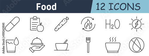 Food set icon. Capsule, health checklist, carrot, metabolism, H2O, energy, glass of water, serving dish, bowl, fork, hot soup, no liquid