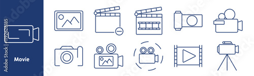 Movie set icon. Video camera, photo frame, clapperboard, film roll, movie recorder, scene shot, play film, camera tripod, filmmaking