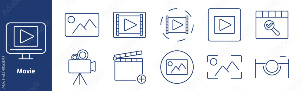 Movie set icon. Screen with play button, image frame, film strip, video reel, camera, clapperboard, photo gallery, video check, tripod, play media Movie set icon. Screen with play button, image frame, film strip, video reel, camera, clapperboard, photo gallery, video check, tripod, play media