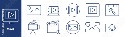 Movie set icon. Screen with play button, image frame, film strip, video reel, camera, clapperboard, photo gallery, video check, tripod, play media