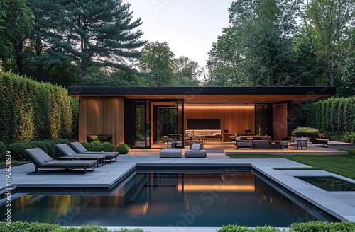 Wallpaper Mural A modern garden pool house with a terrace and outdoor seating Torontodigital.ca