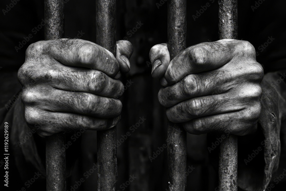 Wrinkled hands gripping metal bars of jail cell. Male prisoner in prison. Victim in captivity. Sense of despair and confinement