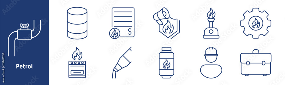 Petrol set icon. Fuel valve, oil tank, financial report, flammable material, gas stove, fuel nozzle, gas bottle, worker, briefcase Petrol set icon. Fuel valve, oil tank, financial report, flammable material, gas stove, fuel nozzle, gas bottle, worker, briefcase